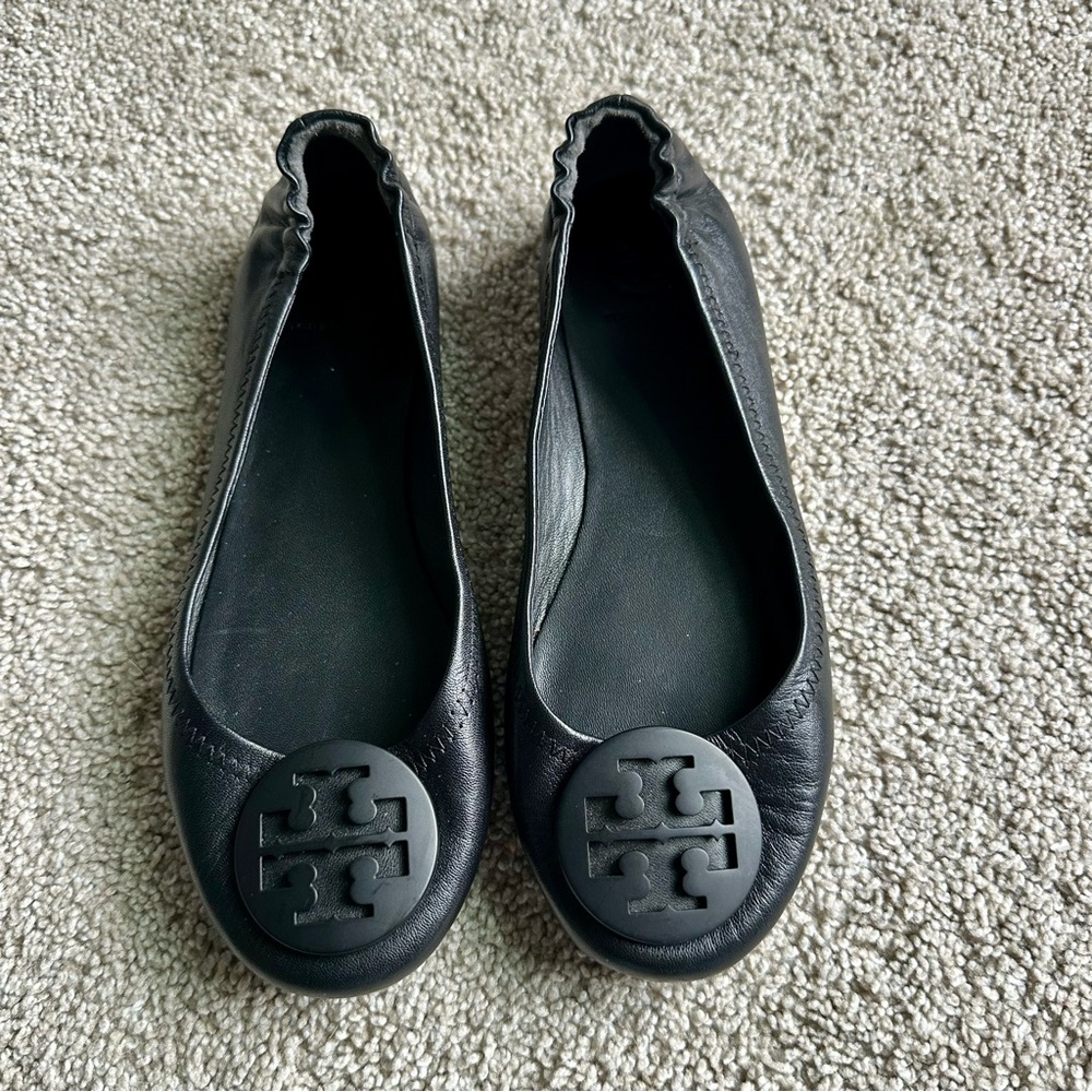 Tory Burch Minnie Travel Ballet Flats Leather Solid Matte Black Logo Sz 5.5